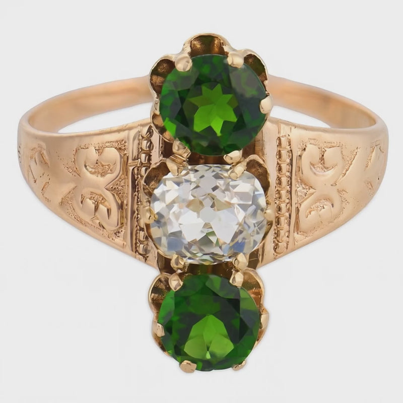 Victorian 14k Demantoid Garnet & Diamond Navette Ring