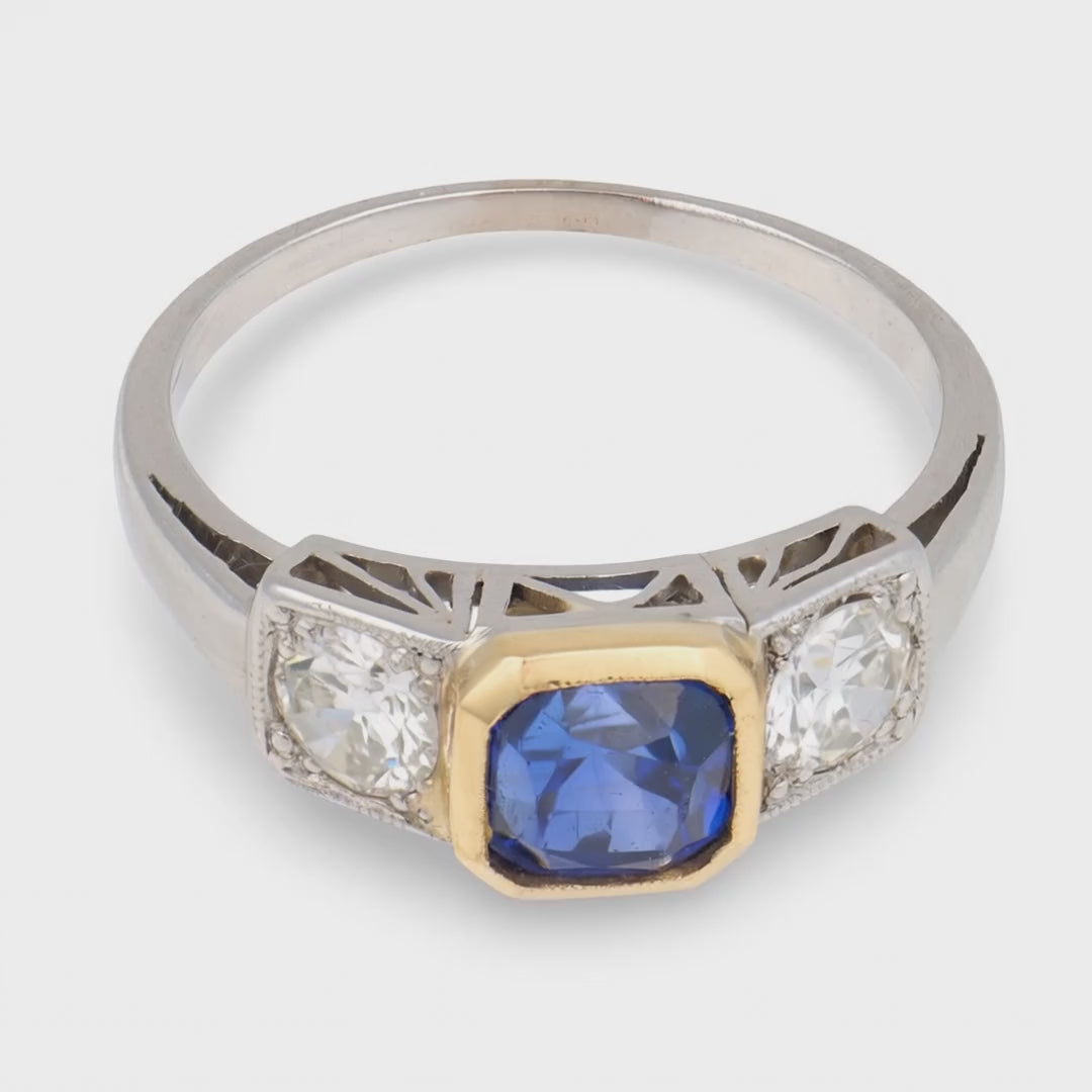 Edwardian 18k/Platinum Sapphire & Diamond Three Stone Ring