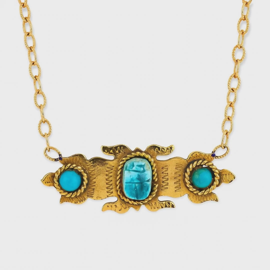 Load video: Victorian Gold-Fill Faience &amp; Turquoise Scarab-Motif Pendant Necklace