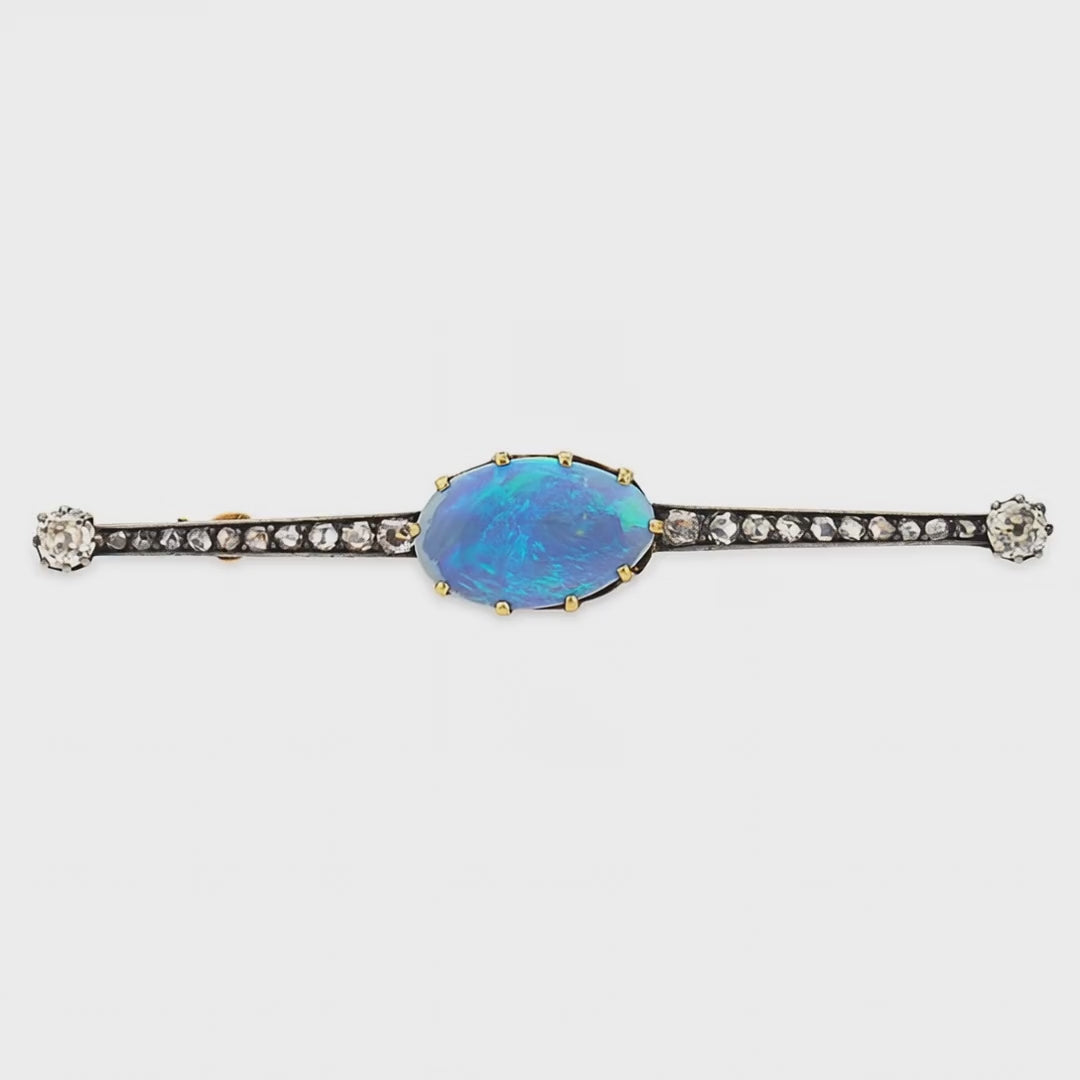 Load video: Victorian French 14k/Sterling Silver Opal &amp; Diamond Bar Pin