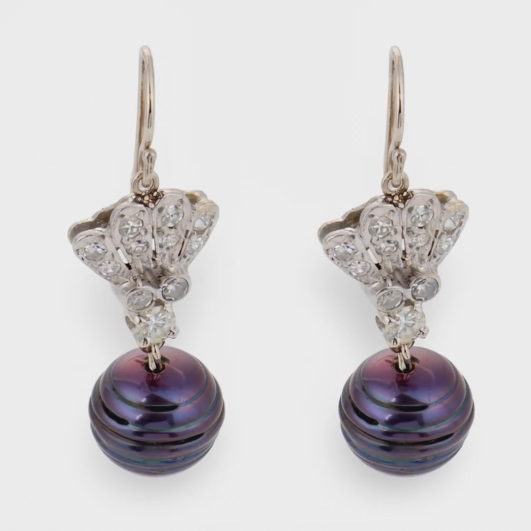 Art Deco 14k Diamond & Black Tahitian Pearl Drop Earrings