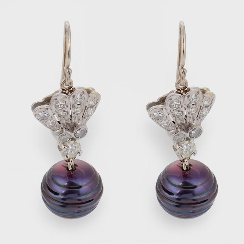 Art Deco 14k Diamond & Black Tahitian Pearl Drop Earrings