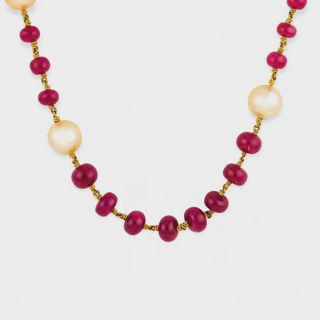 Load video: Estate 22k Ruby, Pearl, &amp; Diamond Bead Necklace