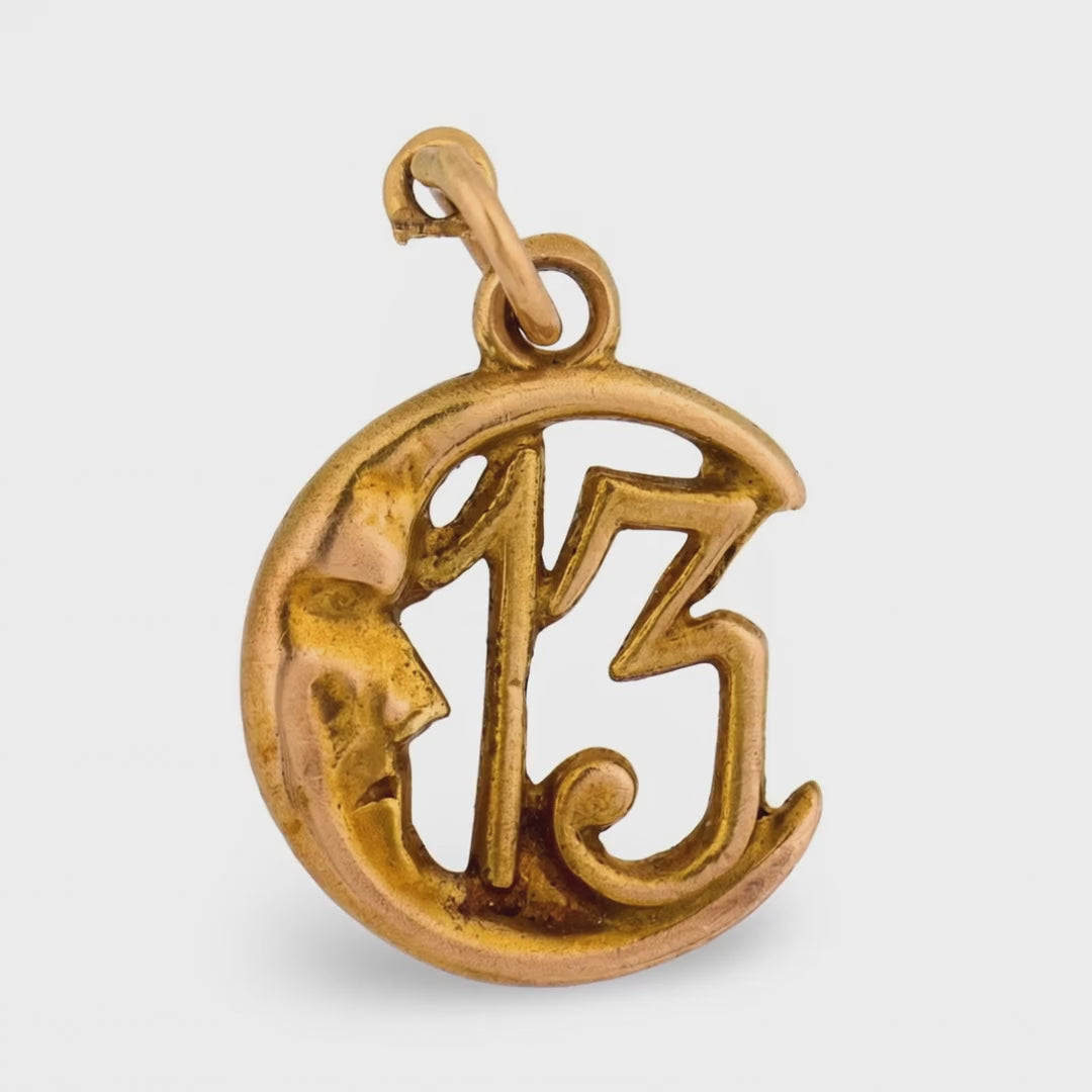 Art Nouveau 18k "13" Crescent-Motif Pendant/Charm