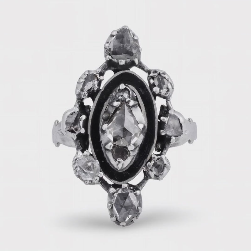 Georgian Sterling Silver Diamond & Enamel Navette Ring