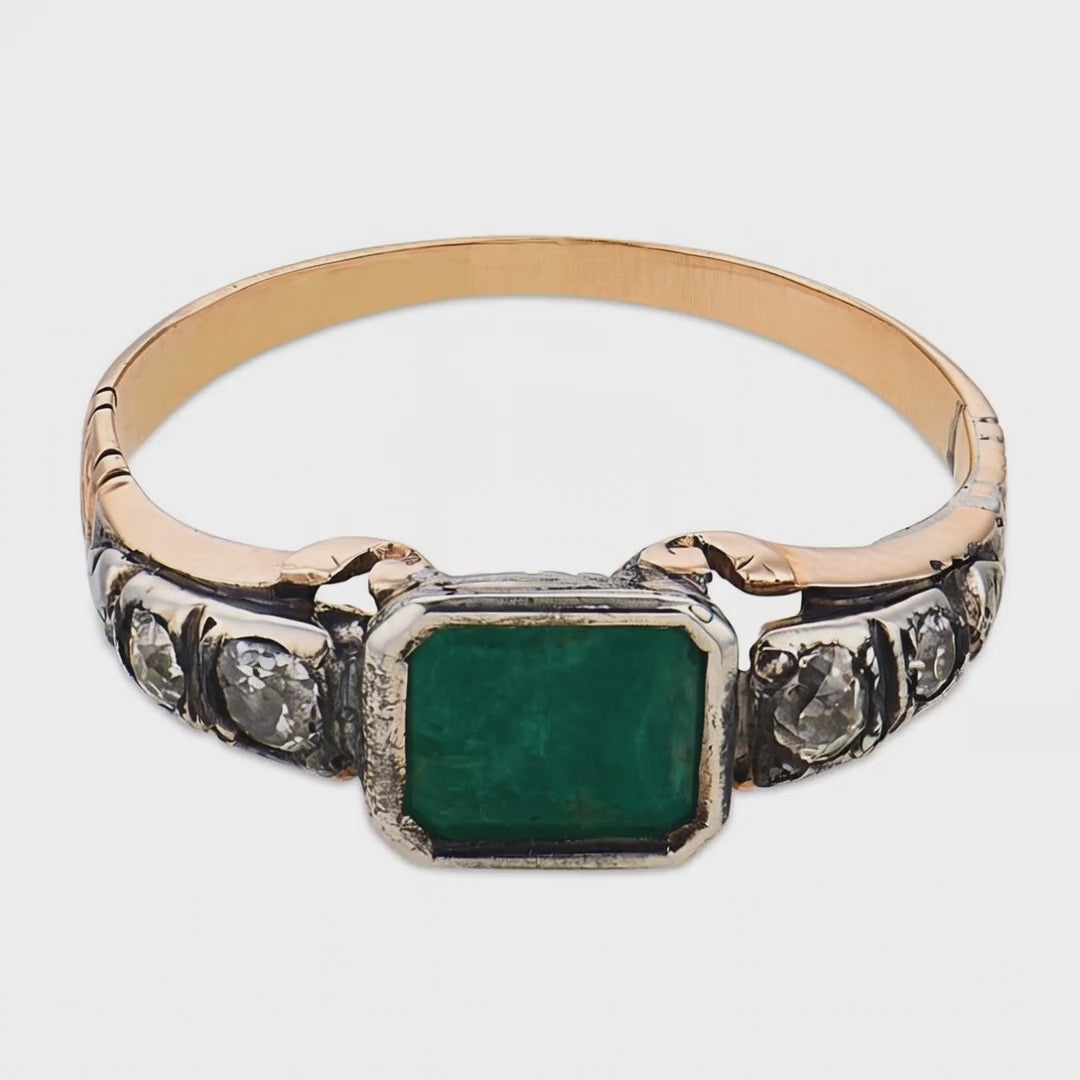 Load video: Georgian 14k/Sterling Silver Emerald &amp; Diamond Ring