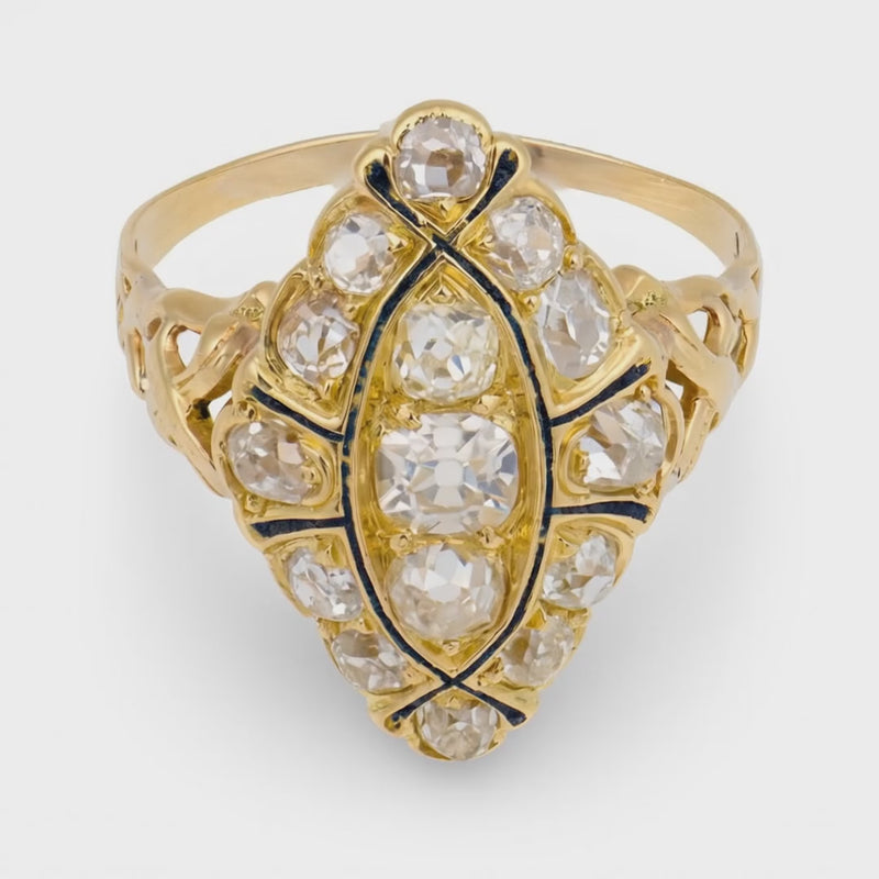 Victorian 18k Diamond & Enamel Navette Ring
