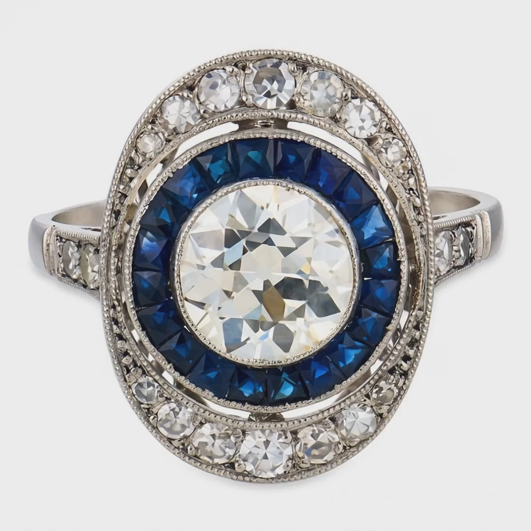 Load video: Art Deco Platinum Diamond &amp; Sapphire Engagement Ring 1.65ct