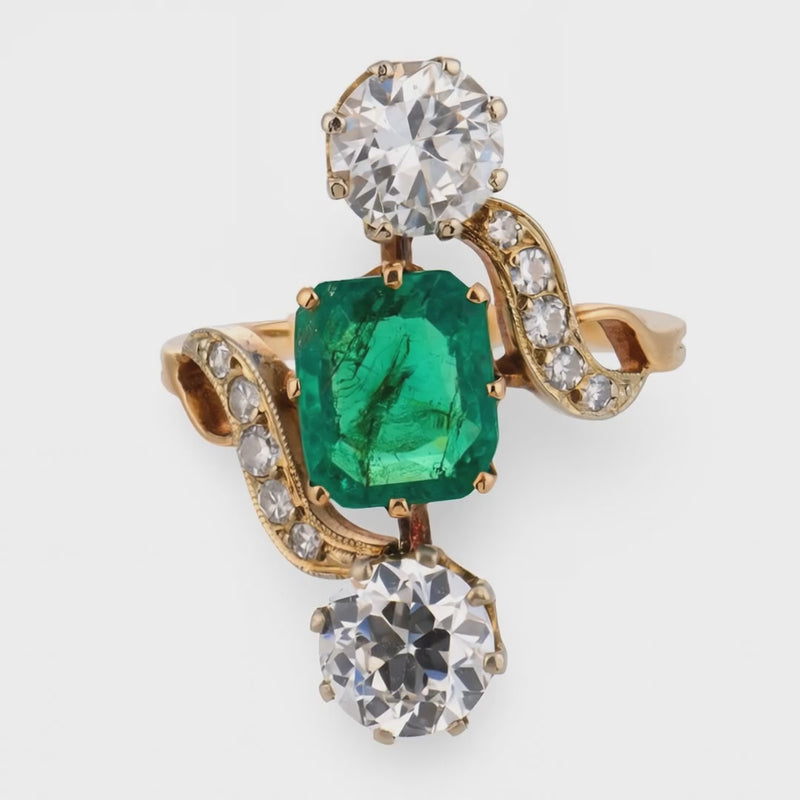 Art Nouveau French 18k/Platinum Emerald & Diamond Navette Ring