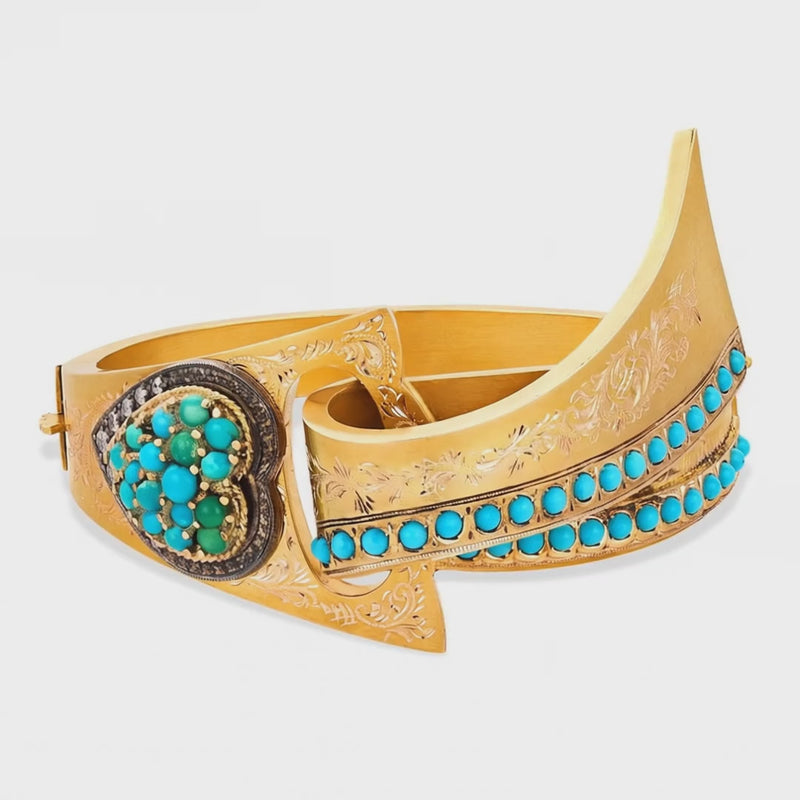 Victorian 14k Turquoise & Diamond Heart-Motif Ribbon Bangle