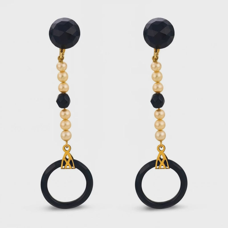 Art Deco 10k Onyx & Pearl Drop Earrings