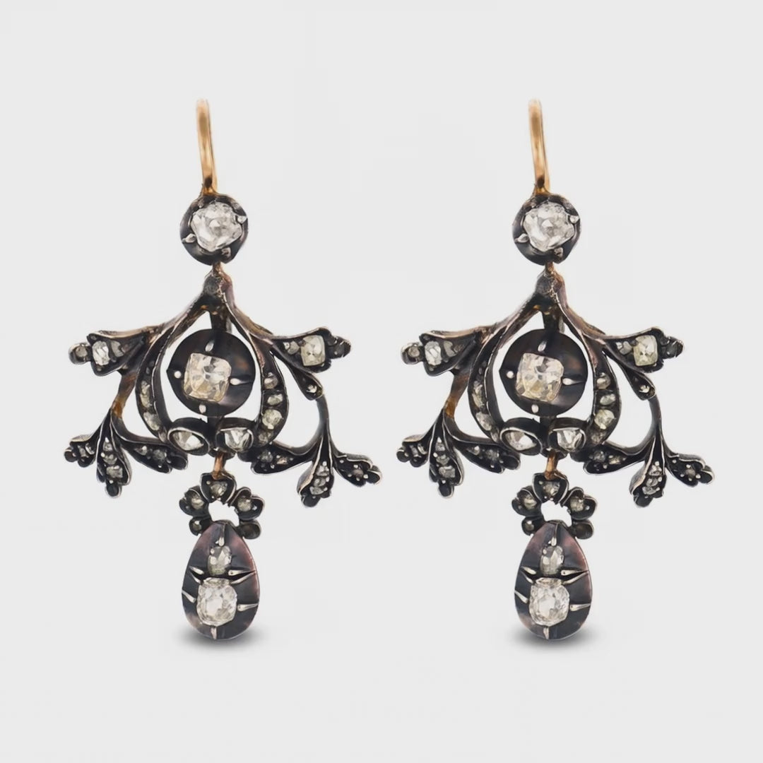 Load video: Victorian 15k/Sterling Silver Diamond Chandelier Earrings