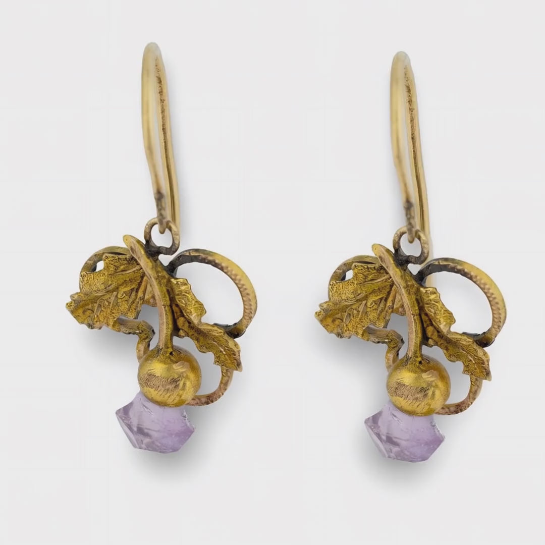 Victorian 14k Amethyst Trefoil & Foliage Motif Earrings
