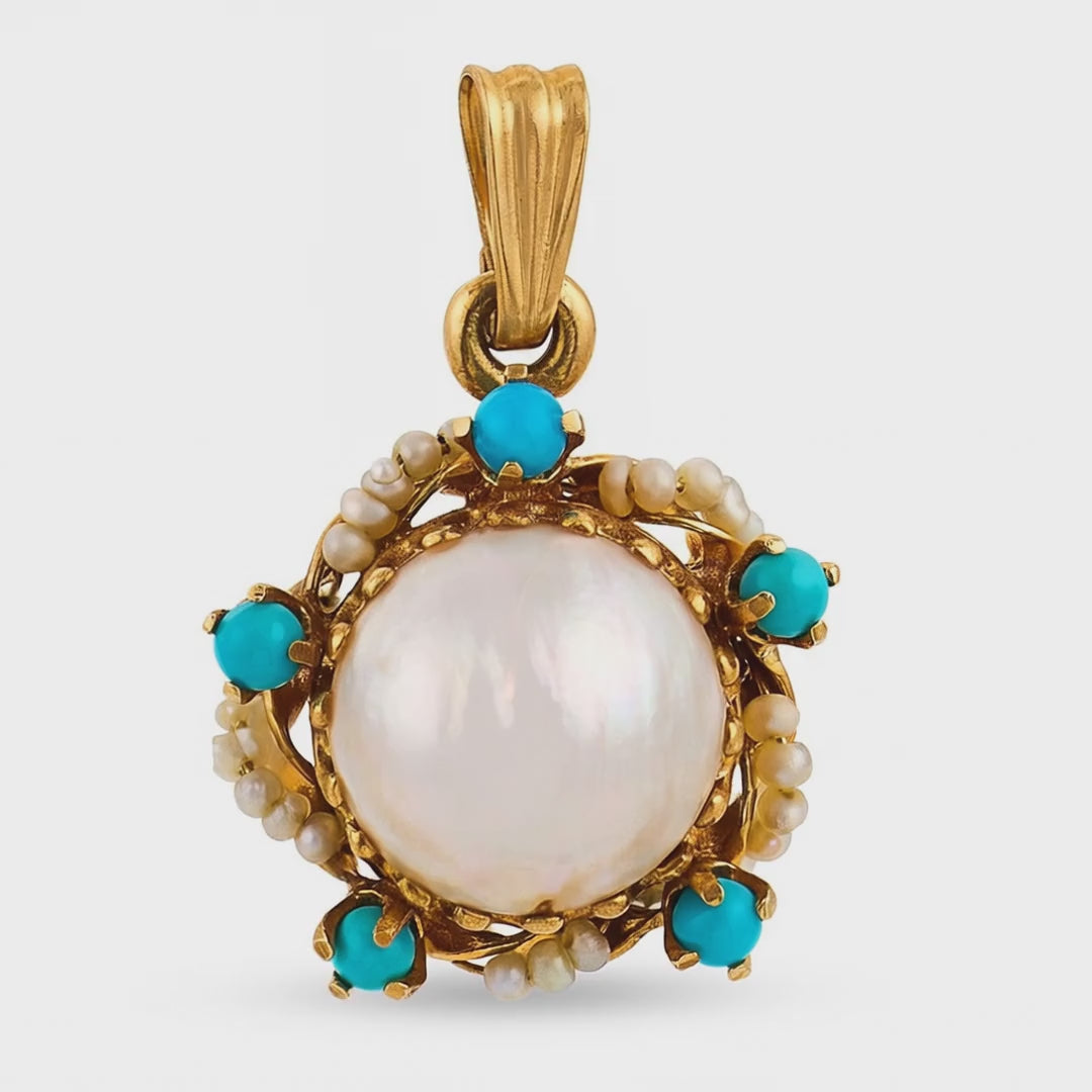 Load video: Art Nouveau 14k Pearl &amp; Turquoise Sunburst-Motif Pendant/Charm