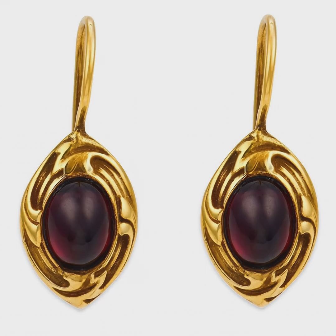 Load video: Art Nouveau 14k Garnet Dangle Earrings