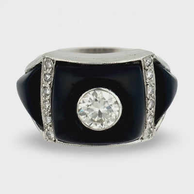 Art Deco Platinum Diamond & Onyx Engagement Ring .85ct