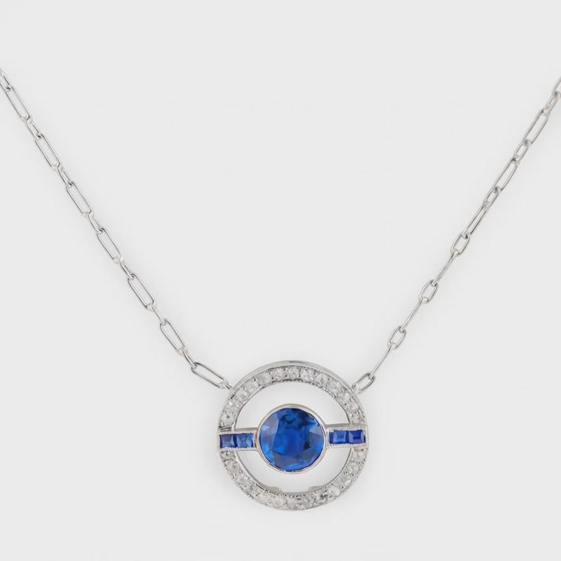 Art Deco Platinum Sapphire & Diamond Halo Pendant Necklace