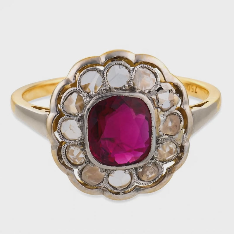 Edwardian 18k/Platinum GIA Ruby & Diamond Halo Ring