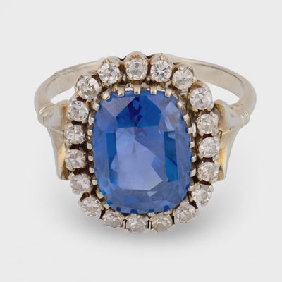 Edwardian 18k GIA No Heat Ceylon Sapphire & Diamond Halo Ring