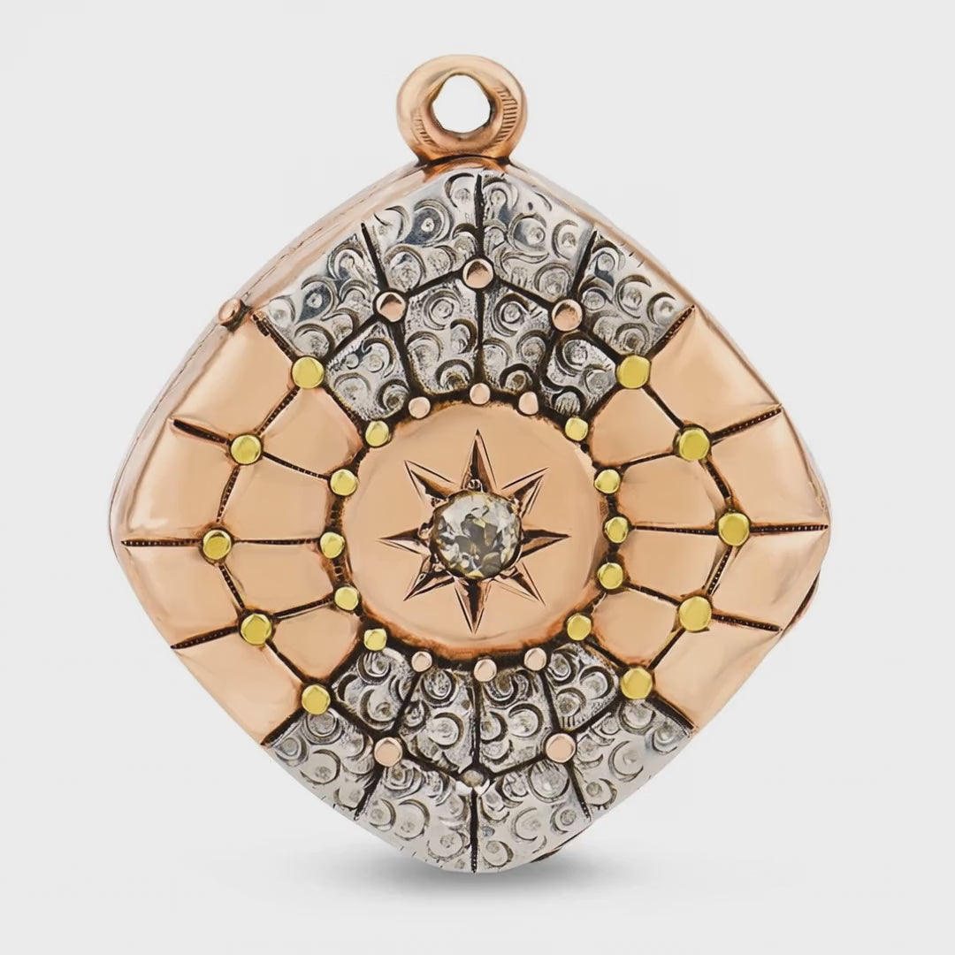 Load video: Edwardian 14k/Platinum Diamond Starburst-Motif Locket Pendant