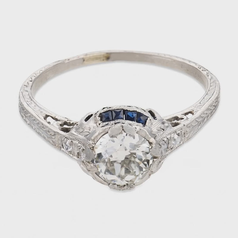 Art Deco Platinum Diamond & Sapphire Engagement Ring .70ct
