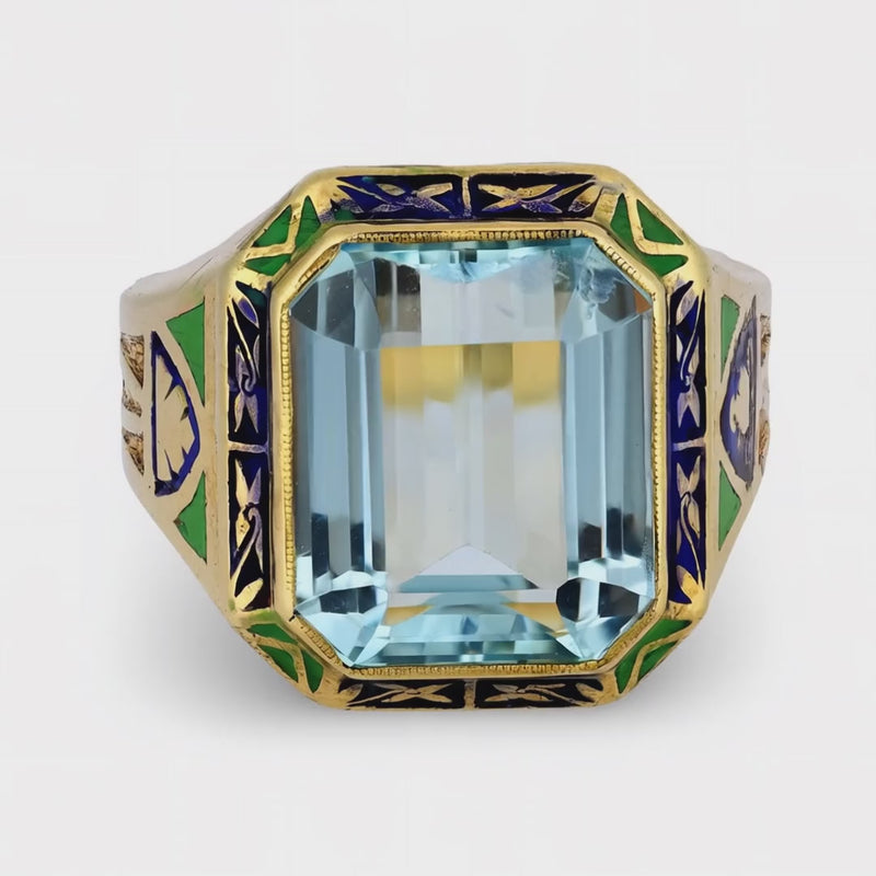 Art Deco 14k Aqua Enamel Cocktail Ring