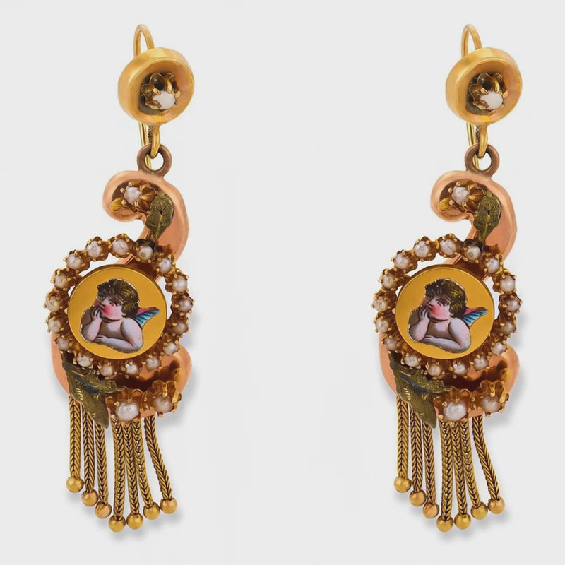 Victorian 14k Pearl & Enamel Cherub-Motif Dangle Earrings