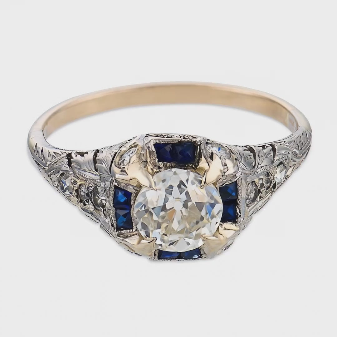 Load video: Art Deco Platinum Diamond &amp; Sapphire Engagement Ring 1.04ct