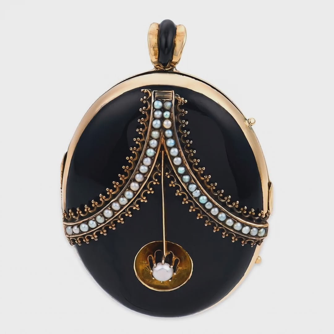 Load video: Victorian 14k Onyx &amp; Pearl Locket Pendant
