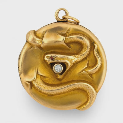Edwardian 10k Diamond & Garnet Repousse Snake Locket Pendant
