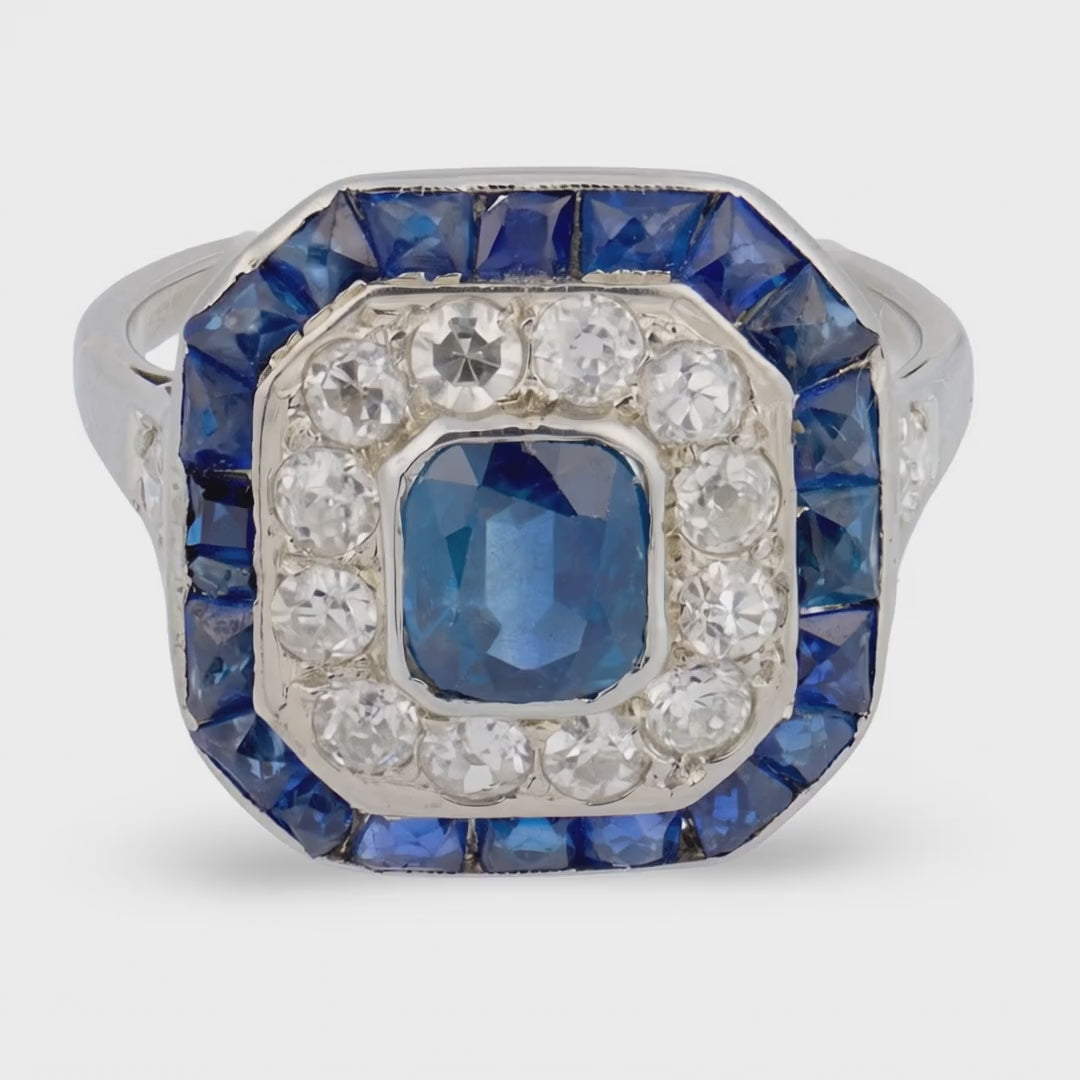 Edwardian French Platinum Sapphire & Diamond Halo Ring