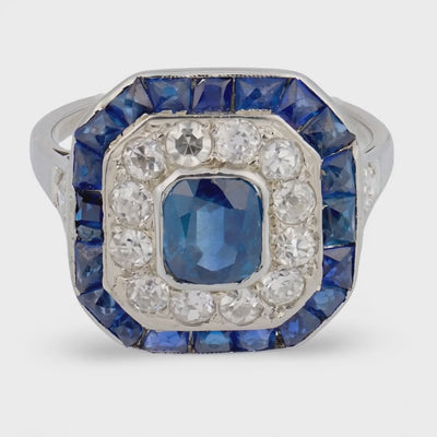 Edwardian French Platinum Sapphire & Diamond Halo Ring