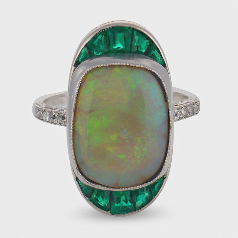 Edwardian Platinum Opal, Emerald, & Diamond Navette Ring