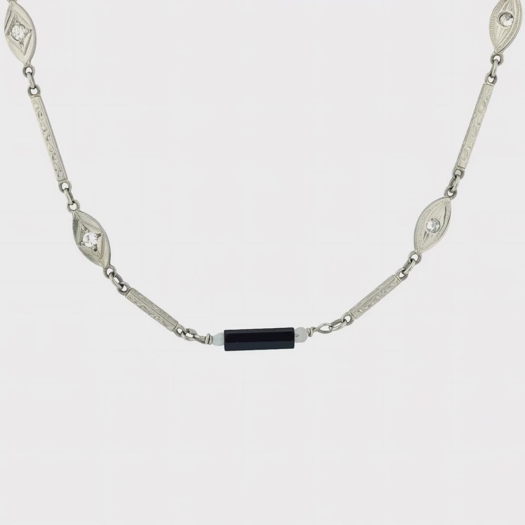 Art Deco 14k Diamond, Onyx, and Agate Chain Necklace