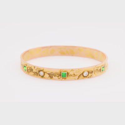 Art Nouveau 14k Diamond & Demantoid Repousse Bangle