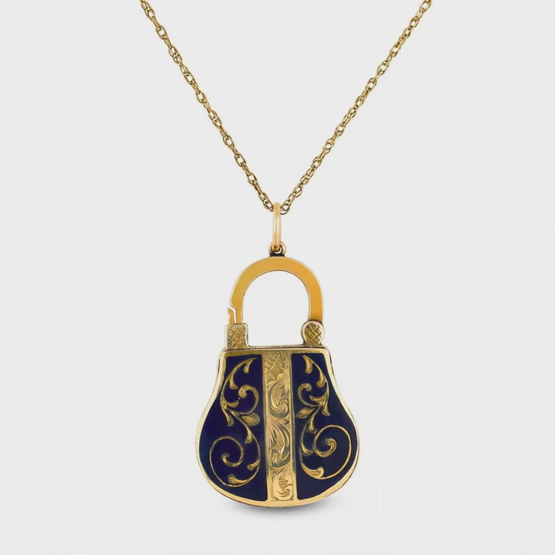 Victorian English 15k/14k Enamel Locket Pendant Necklace