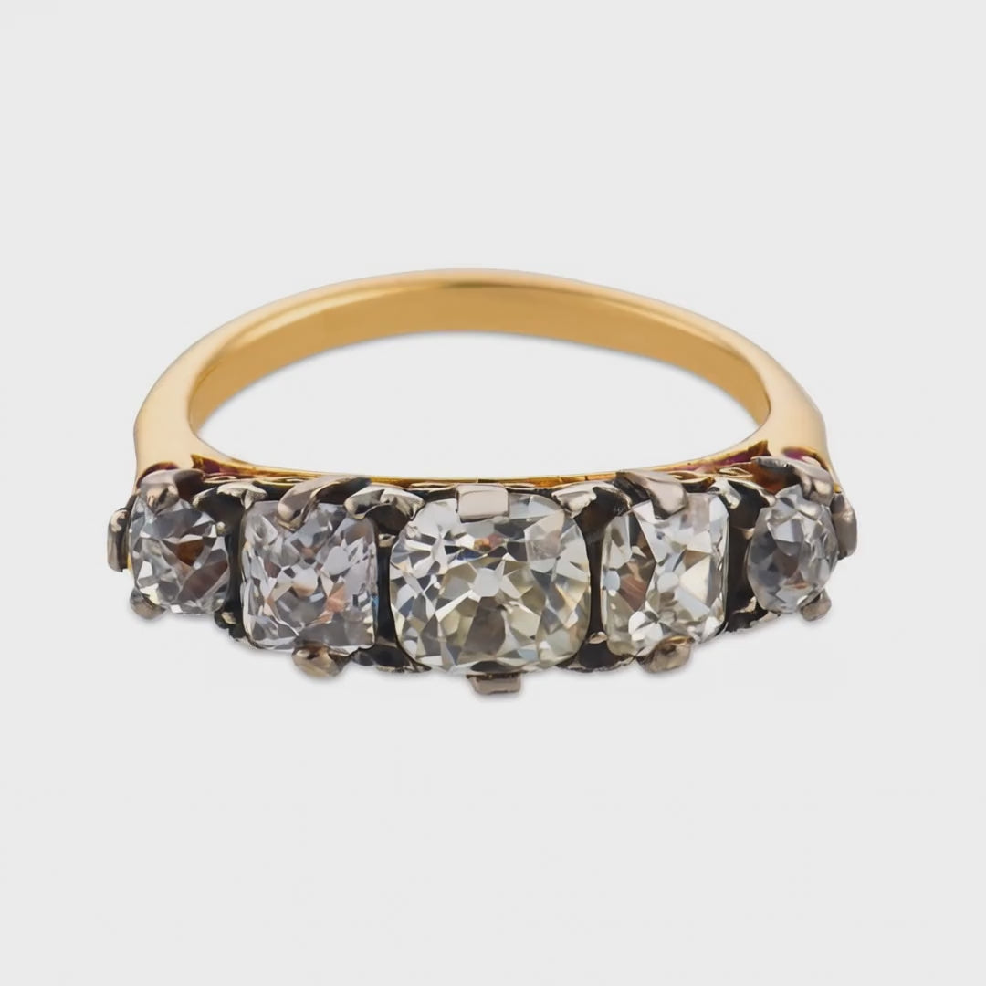 Load video: Art Nouveau 18k/Platinum Diamond Five Stone Ring