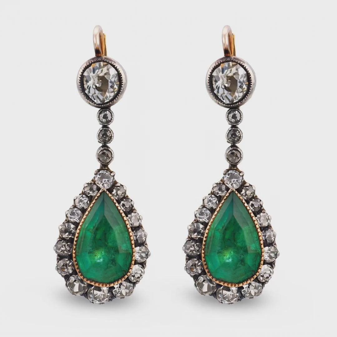 Load video: Georgian 14k/Sterling Silver Emerald &amp; Diamond Drop Earrings