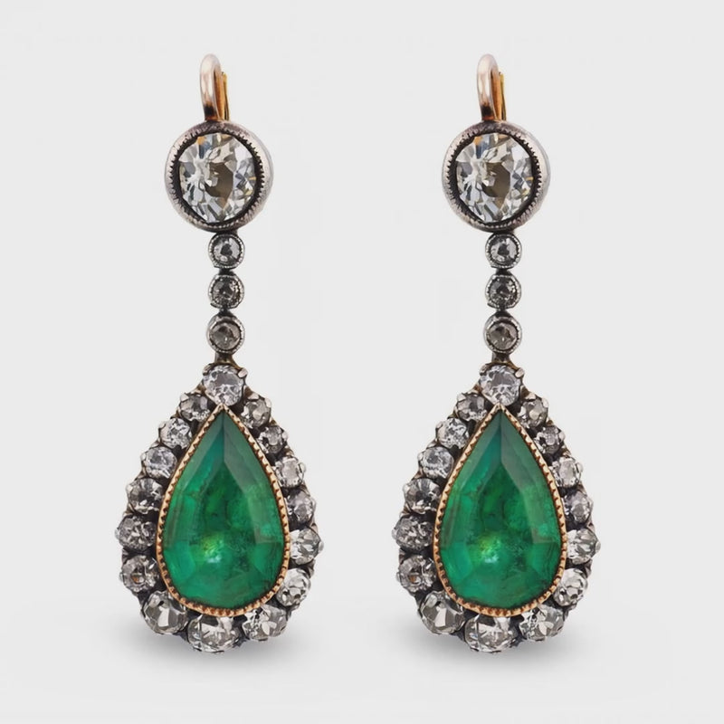 Georgian 14k/Sterling Silver Emerald & Diamond Drop Earrings
