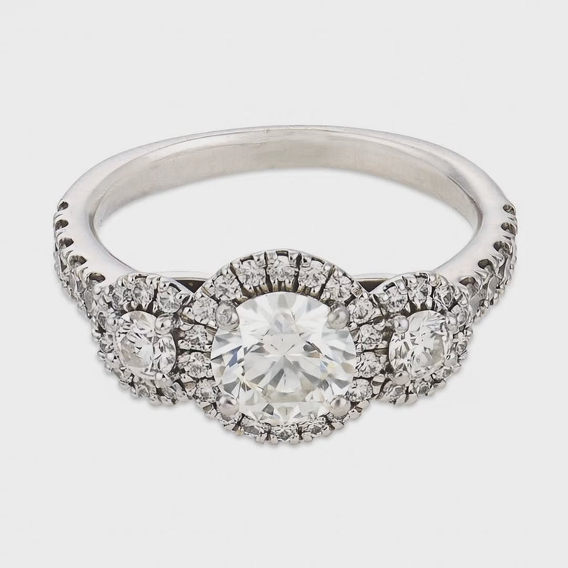 Estate 18k Three Stone Diamond Halo Ring