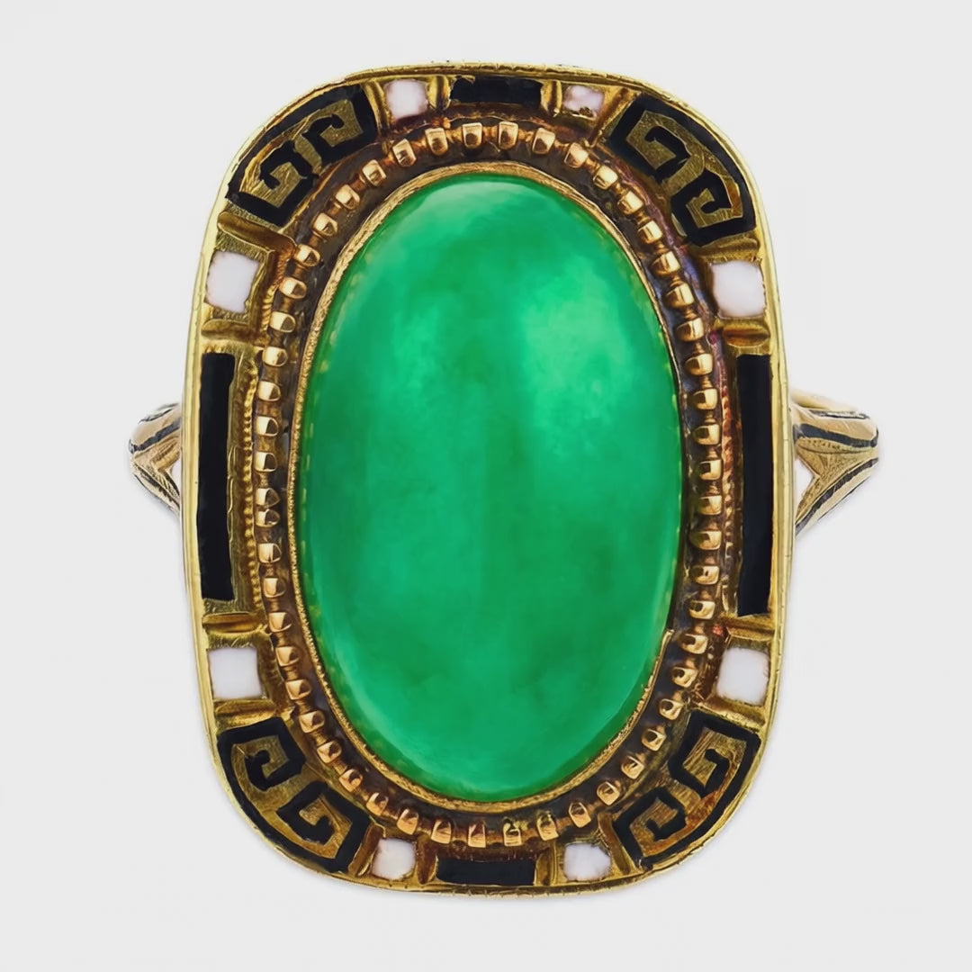 Load video: Art Deco 14k Jade &amp; Enamel Ring