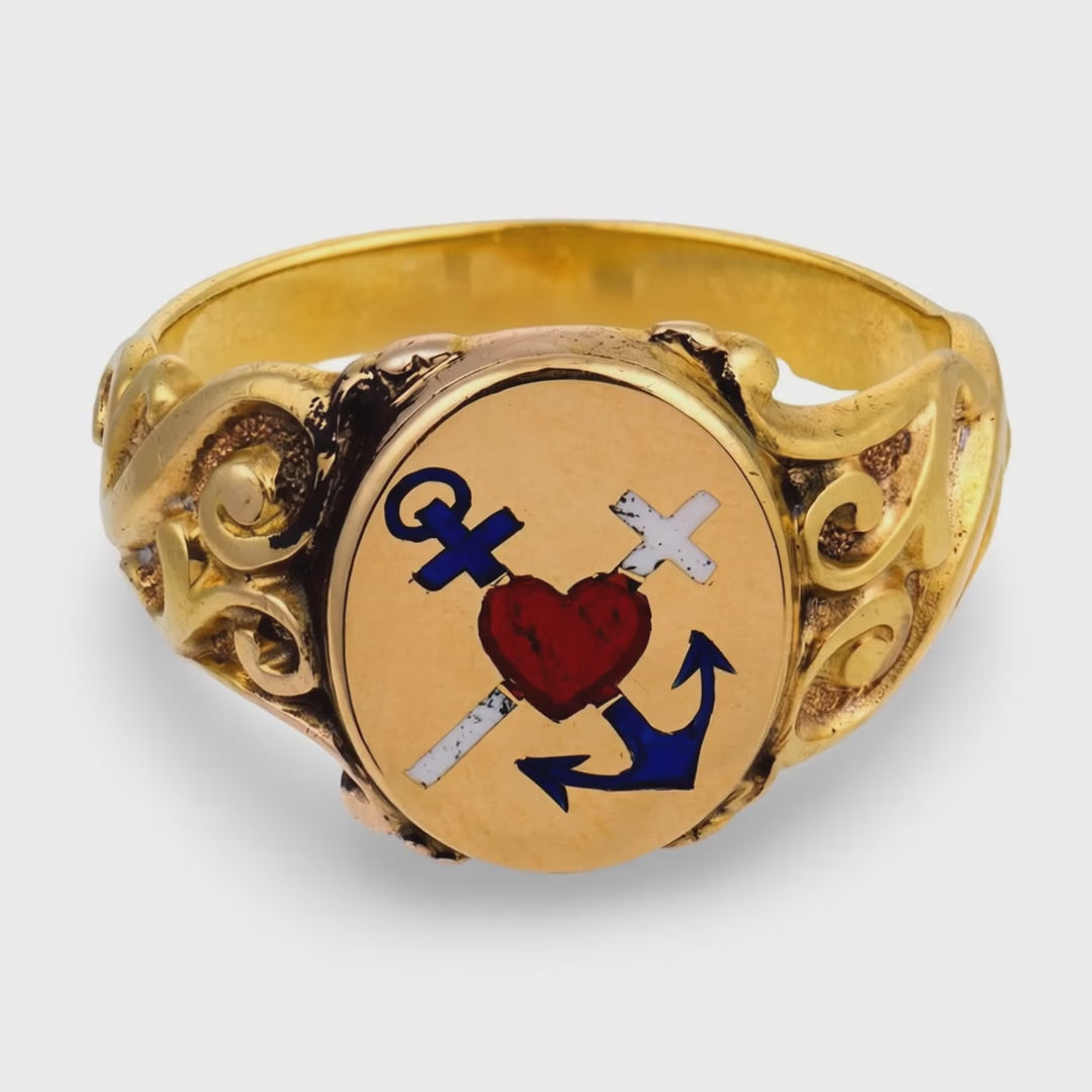 Victorian 15k Enamel "Faith, Hope, & Charity" Signet Ring