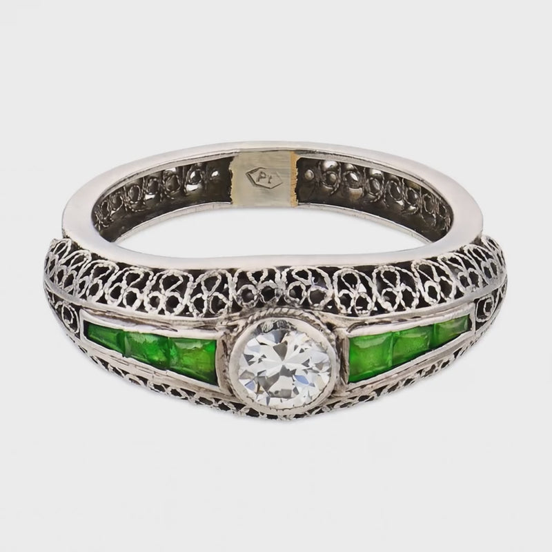 Art Deco Platinum Diamond & Demantoid Garnet Engagement Ring .40ct