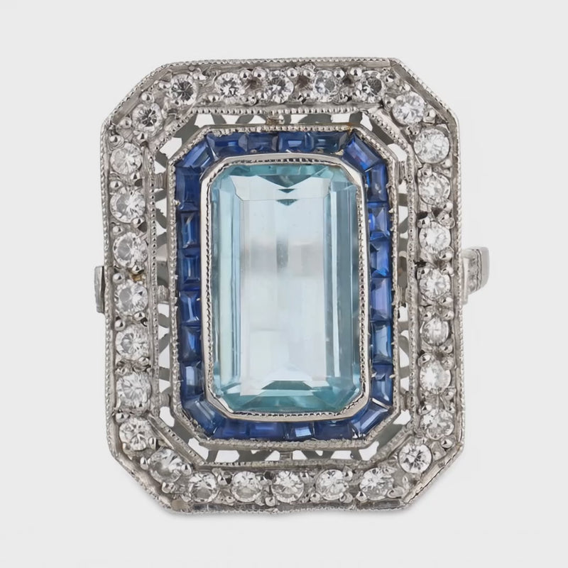 Estate Platinum Aqua, Sapphire, & Diamond Statement Ring