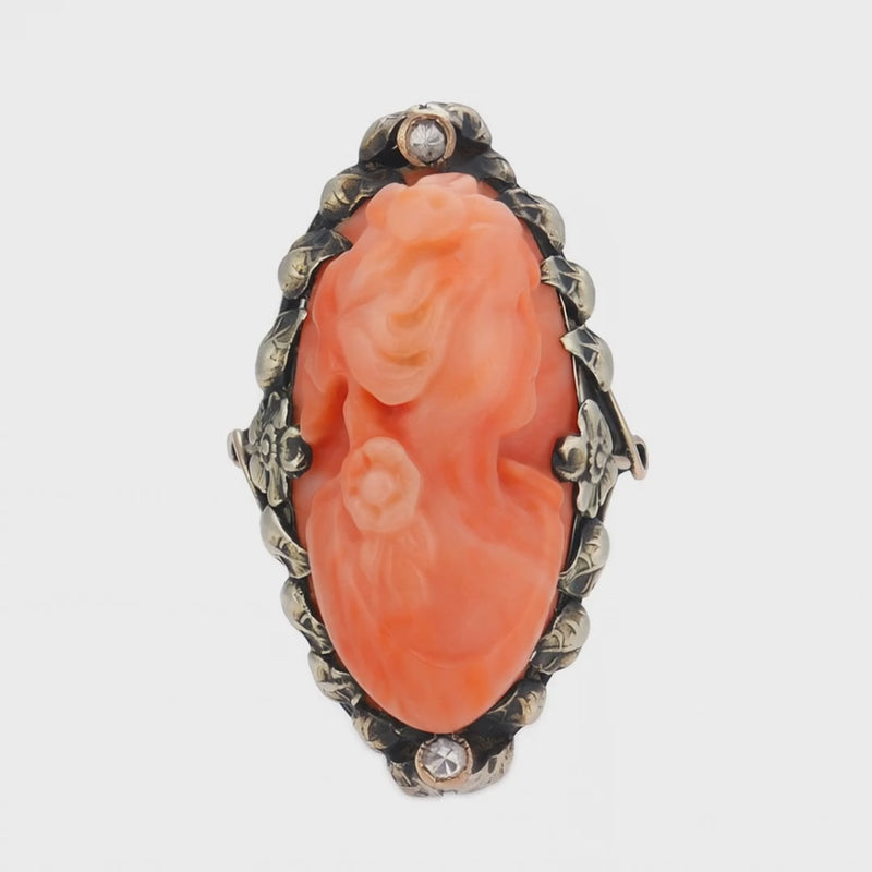 Victorian 14k Coral & Diamond Cameo Ring