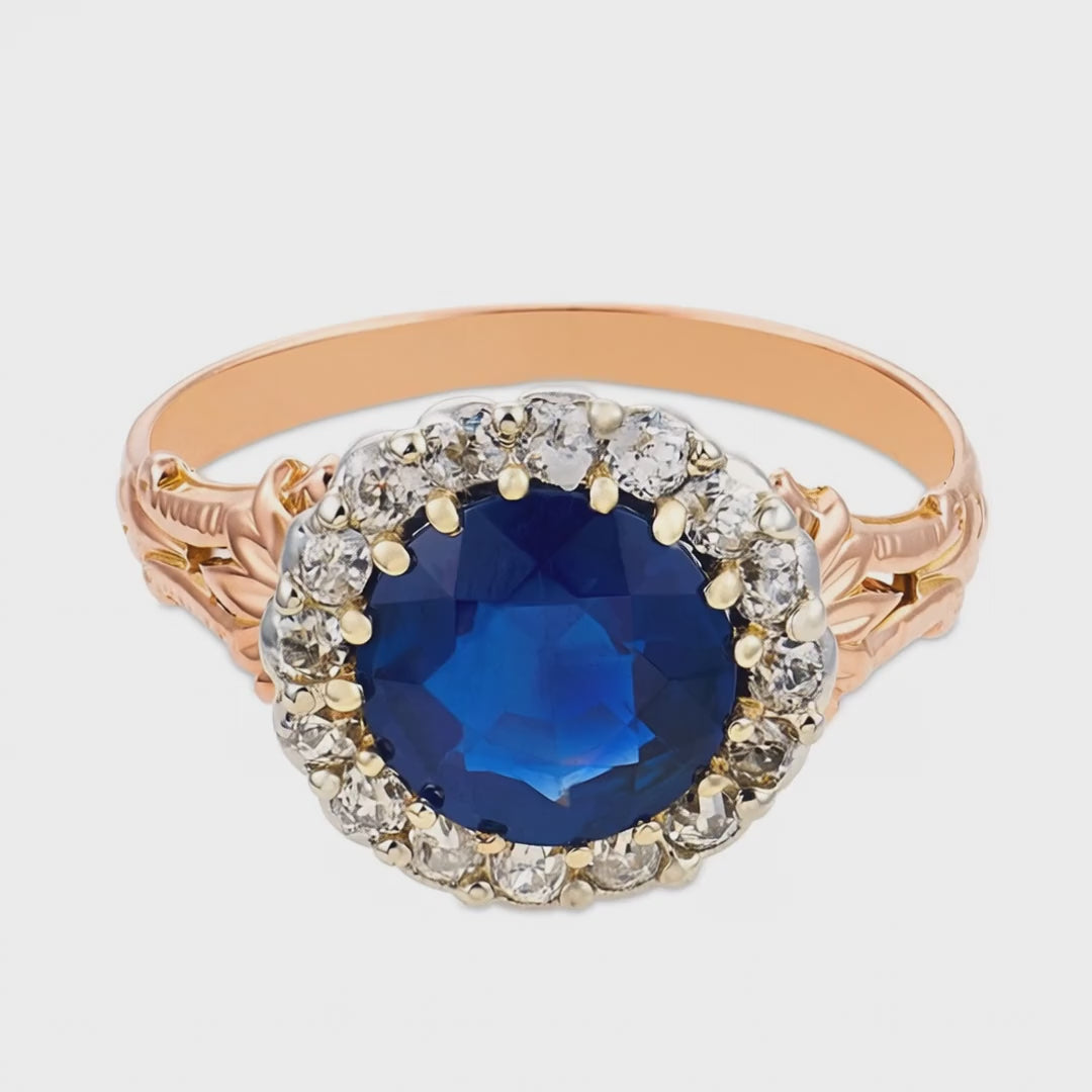 Load video: Victorian French 18k GIA Sapphire &amp; Diamond Halo Ring