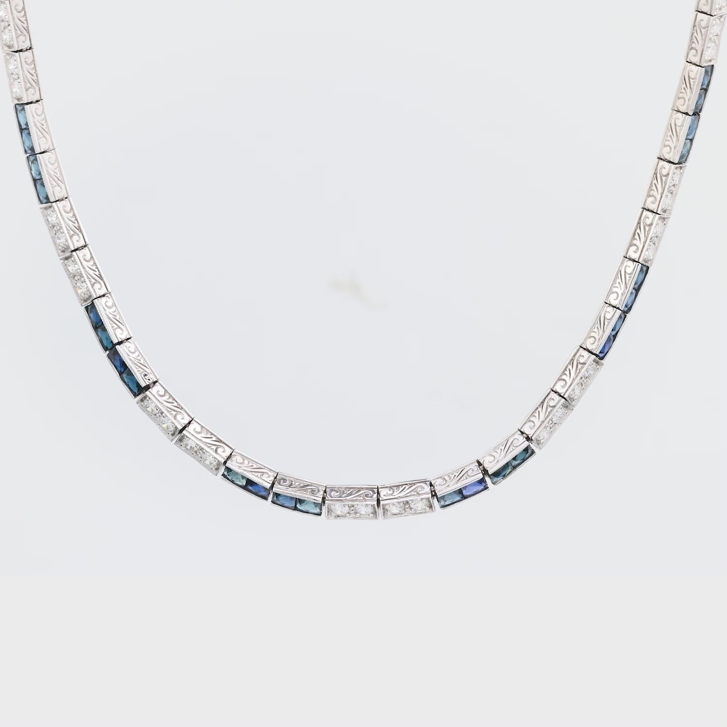 Art Deco 14k Diamond & Sapphire Tennis Necklace