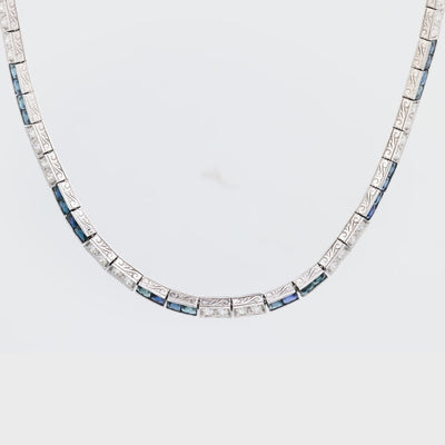 Art Deco 14k Diamond & Sapphire Tennis Necklace