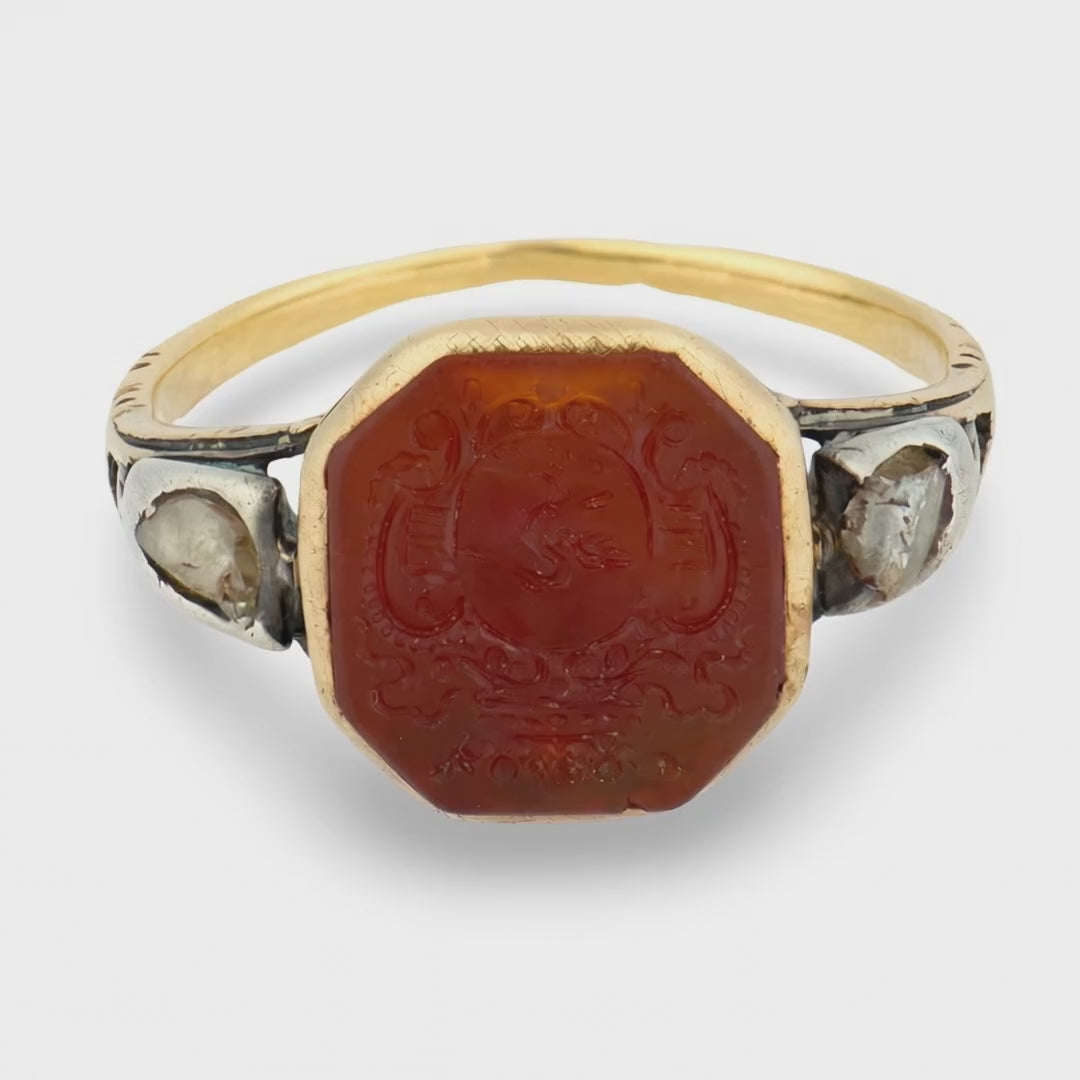 Georgian 14k/Sterling Silver Carnelian & Diamond Signet Ring