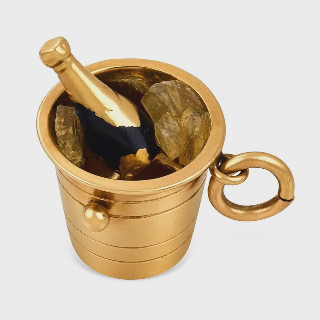 Load video: Vintage 14k Enamel &amp; Celluloid Champagne Ice Bucket Pendant/Charm